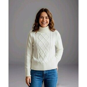 J. Crew Cable Knit Mock Neck Sweater S Ivory/OffWhite Cotton Blend Heavy Knit